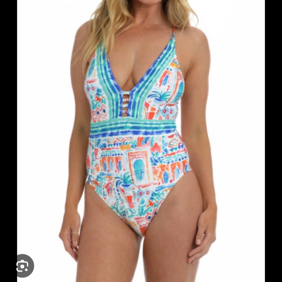 💕LA BLANCA💕 Terra Print Plunge Neck One-Piece Swimsuit ~ 14 Tera Italia - Picture 1 of 9